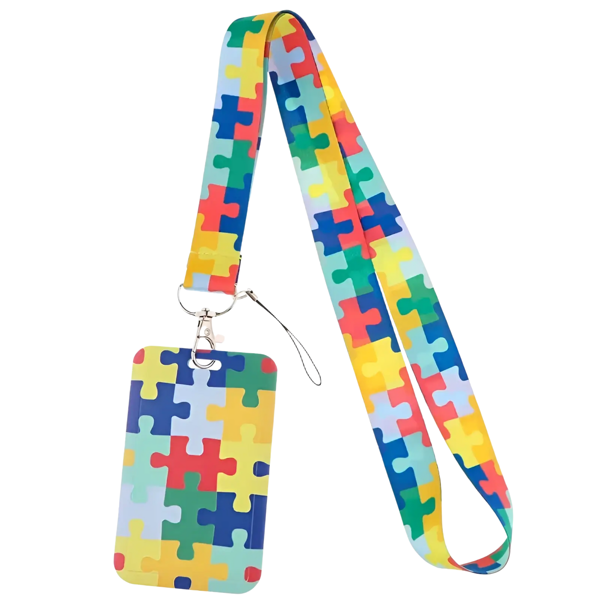 Book lover lanyard and id card holder set with colorful puzzle-piece pattern in vibrant rainbow fabric design