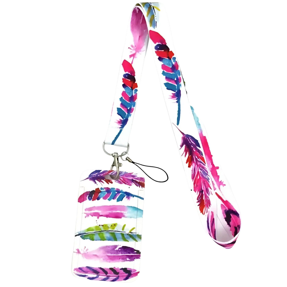Book lover lanyard and id card holder set with colorful watercolor feather pattern in pink blue and purple hues