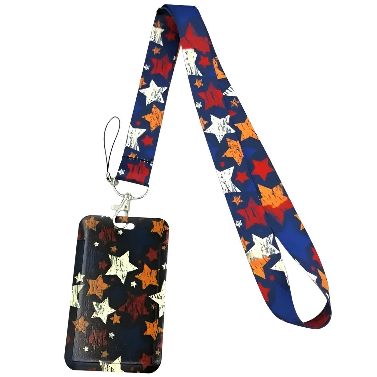 Book lover lanyard and id card holder set with navy blue fabric featuring vibrant red orange and white star pattern