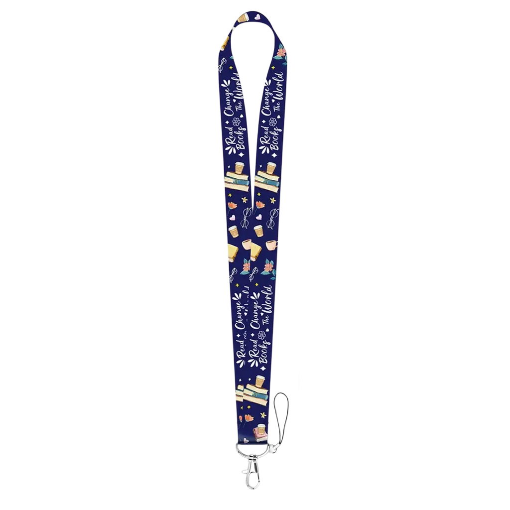 Navy blue book lover lanyard and ID card holder set with repeating books coffee cups and read to change the world text