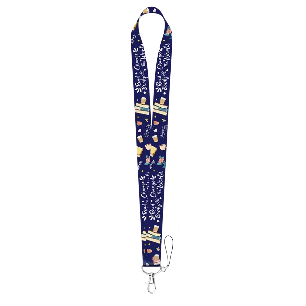 Navy blue book lover lanyard and ID card holder set with repeating books coffee cups and read to change the world text