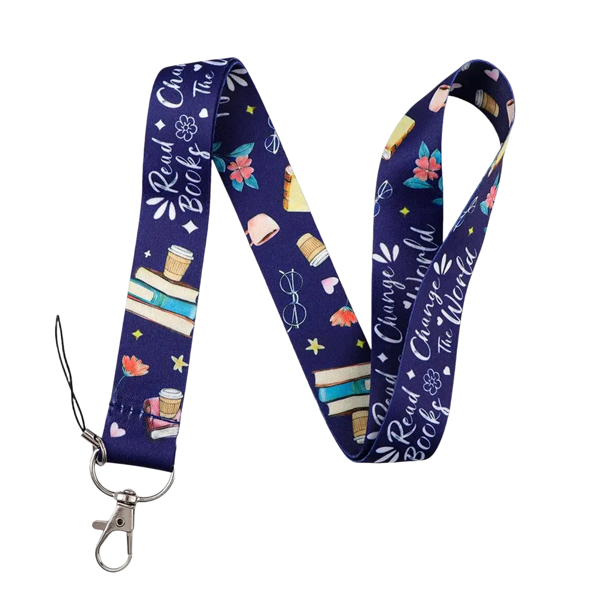 Navy blue book lover lanyard with silver clasp featuring books coffee cups glasses flowers and motivational phrases