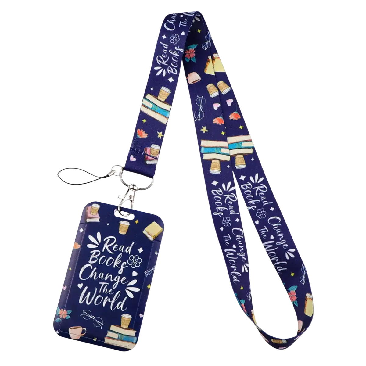 Navy blue book lover lanyard and id card holder set featuring read books change the world design with book illustrations