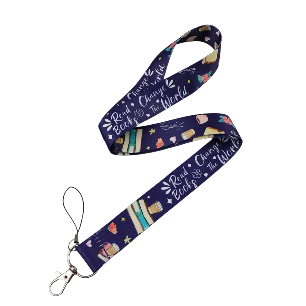 Navy blue fabric book lover lanyard with repeating books coffee cups and read books change the world script pattern