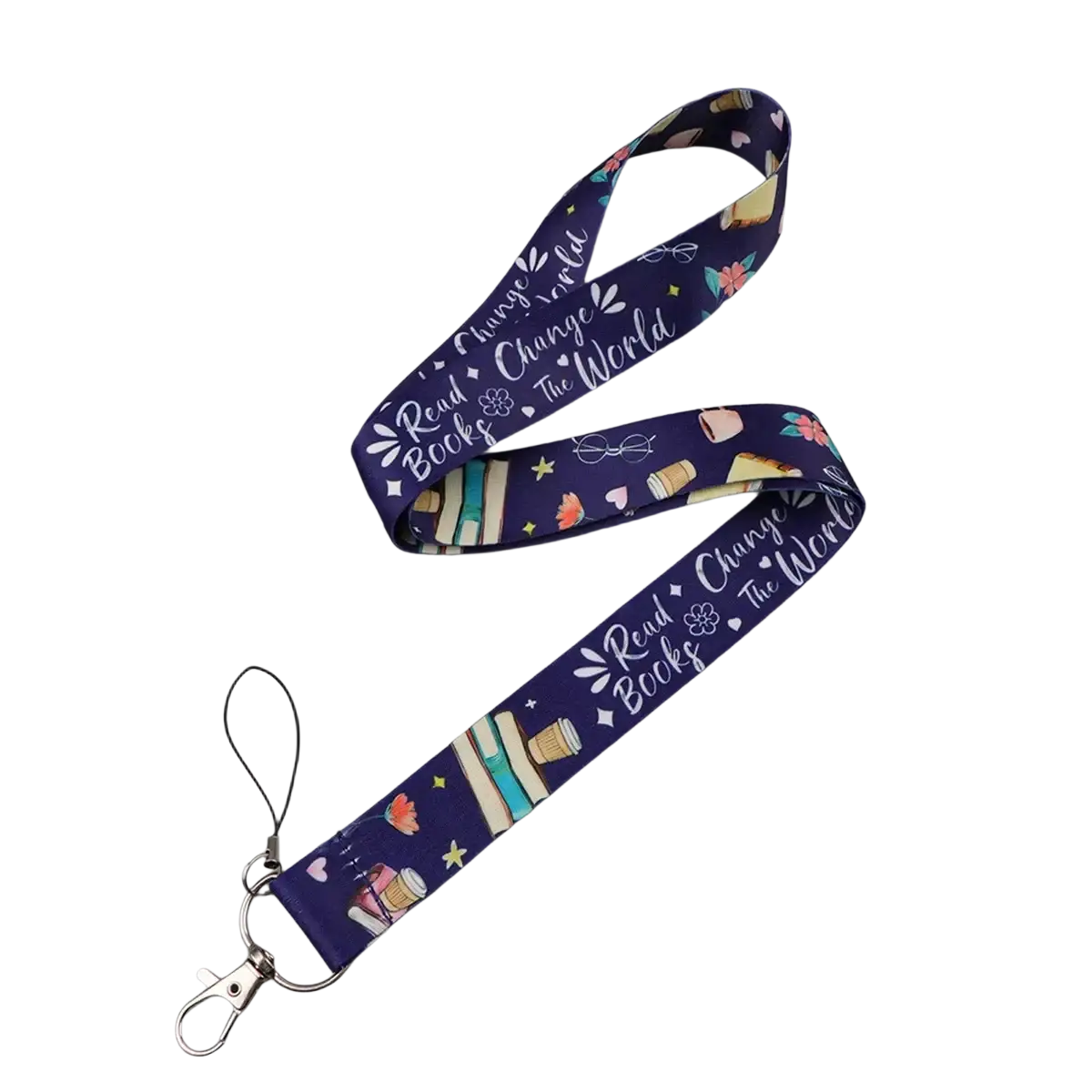 Navy blue fabric book lover lanyard with repeating books coffee cups and read books change the world script pattern