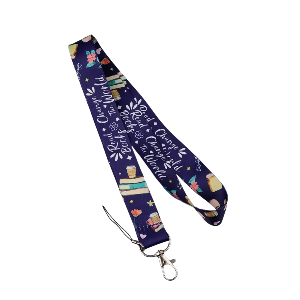 Navy blue fabric book lover lanyard with books coffee cups flowers phrase read books change the world and silver clasp