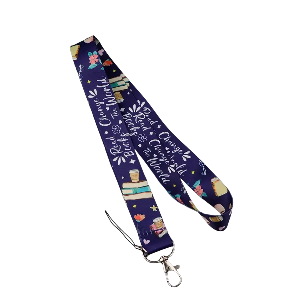 Navy blue fabric book lover lanyard with books coffee cups flowers phrase read books change the world and silver clasp