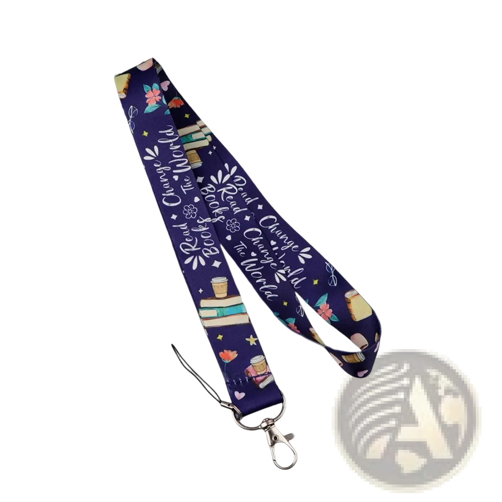Navy blue fabric book lover lanyard with books coffee cups flowers phrase read books change the world and silver clasp
