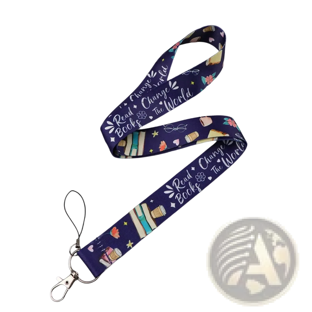 Navy blue fabric book lover lanyard with repeating books coffee cups and read books change the world script pattern