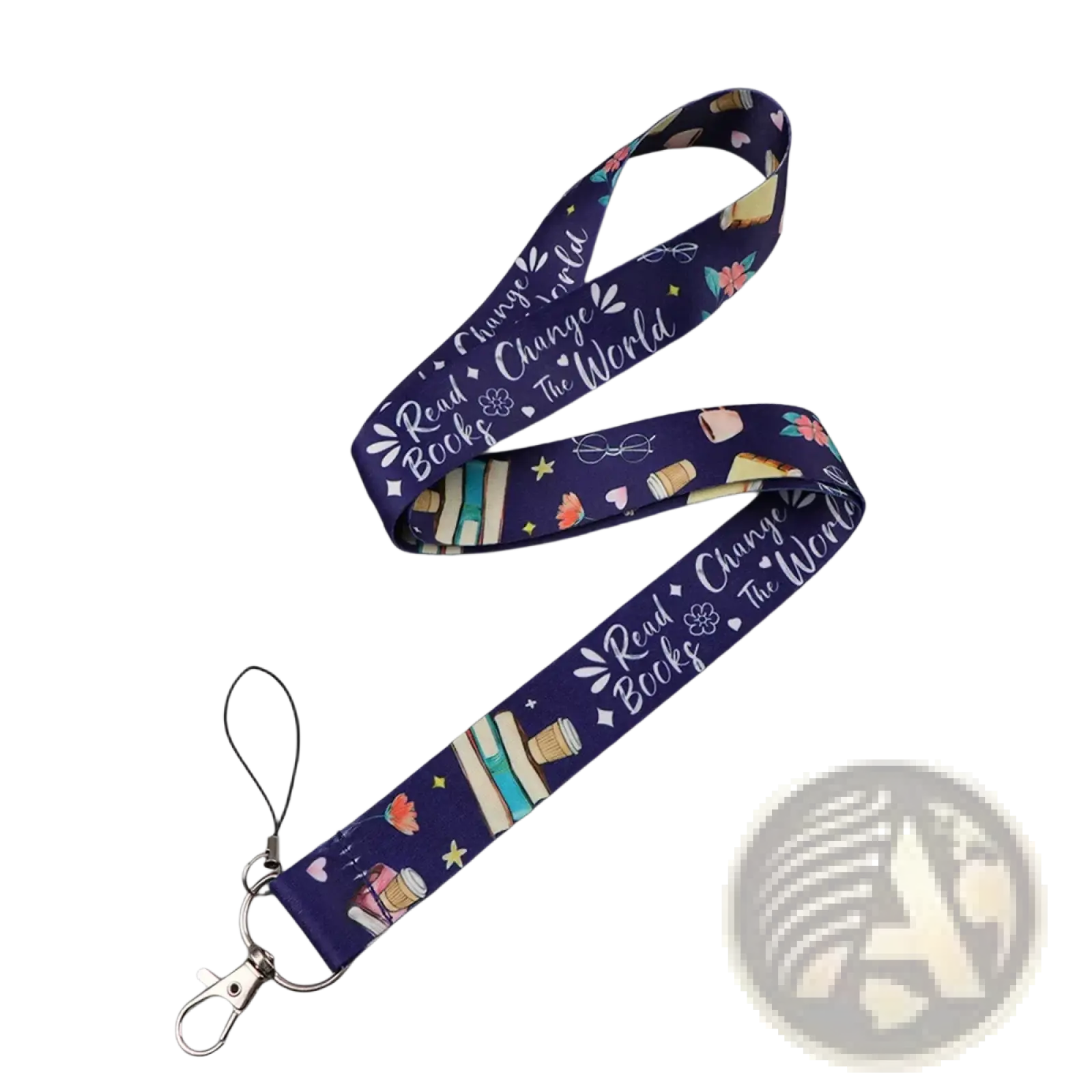 Navy blue fabric book lover lanyard with repeating books coffee cups and read books change the world script pattern