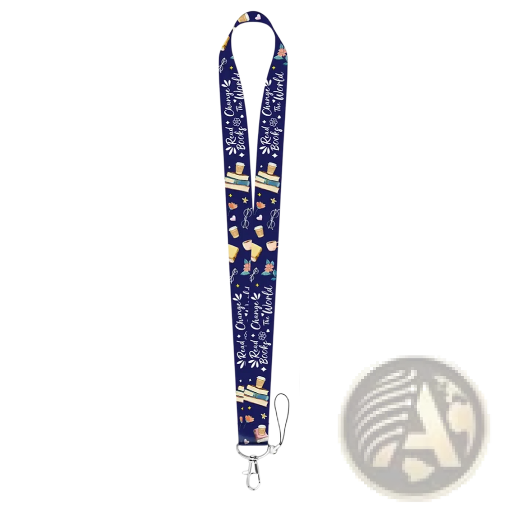 Navy blue book lover lanyard and ID card holder set with repeating books coffee cups and read to change the world text