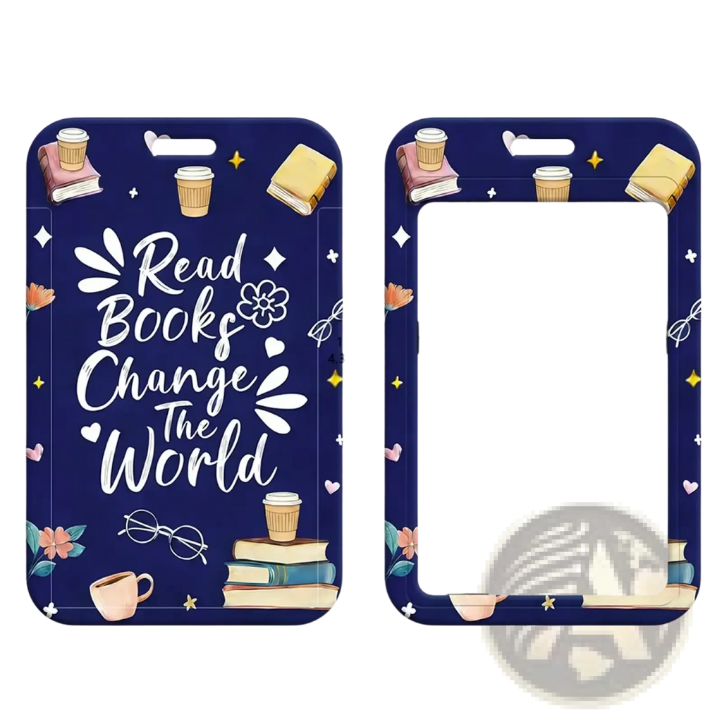Navy blue rectangular id card holder with white cursive read books change the world text and book lover themed illustrations