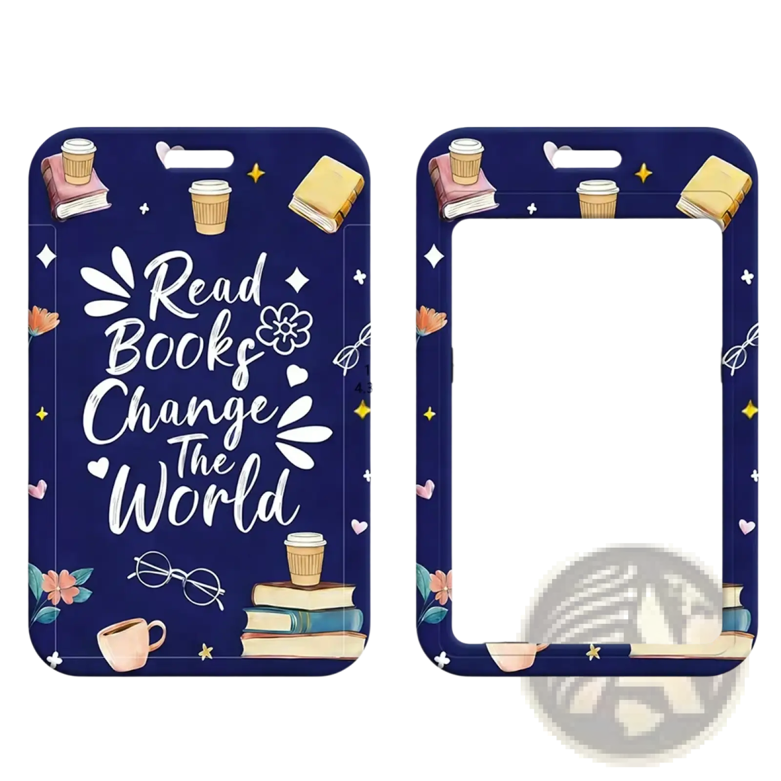 Navy blue rectangular id card holder with white cursive read books change the world text and book lover themed illustrations