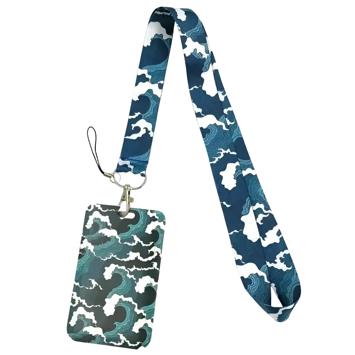 Book lover lanyard and id card holder set with navy blue and white wave pattern and silver metal clasp