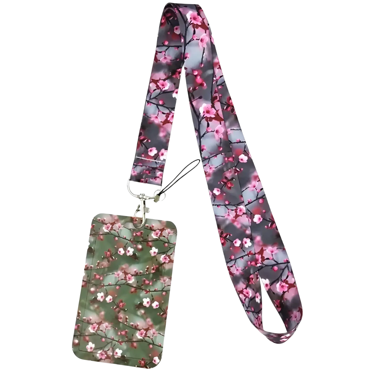Book lover lanyard and id card holder set featuring a pink cherry blossom pattern ideal for displaying identification cards