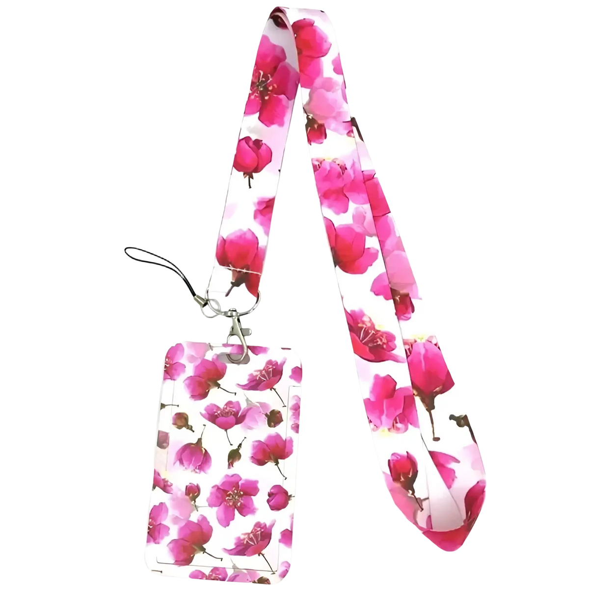 Pink floral patterned book lover lanyard and id card holder set with vibrant blossoms on white background and silver clasp