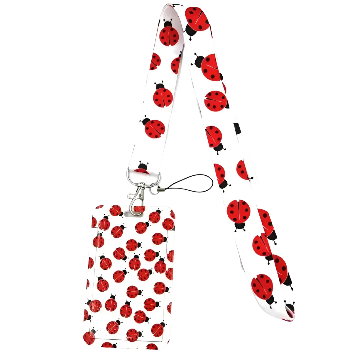 Book lover lanyard and id card holder set with red and black ladybug pattern for secure and stylish everyday use