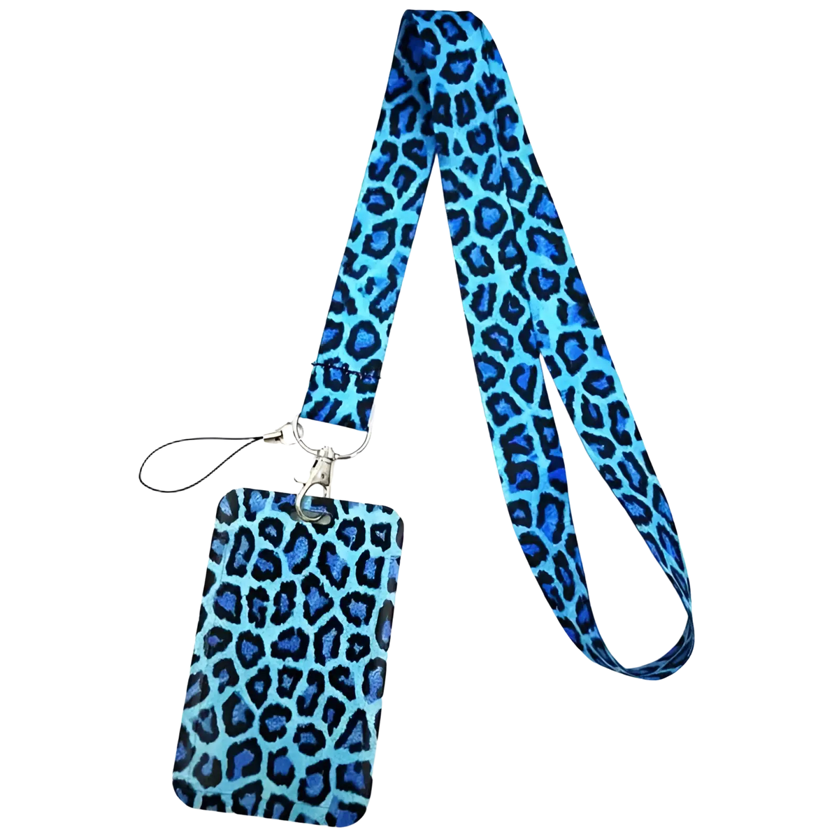 Book Lover lanyard and id card holder set featuring turquoise and black leopard print design for secure identification