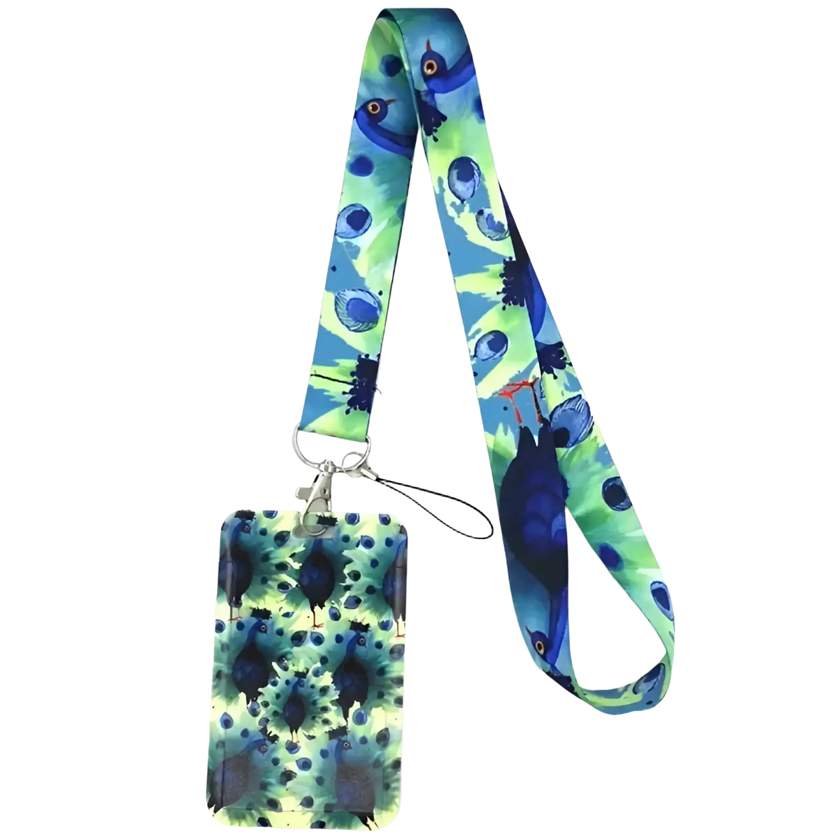 A vibrant blue and green peacock-themed book lover lanyard and id card holder set with detailed bird illustrations