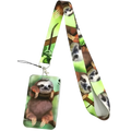 A vibrant green and brown sloth-themed book lover lanyard and rectangular id card holder with detailed sloth illustrations