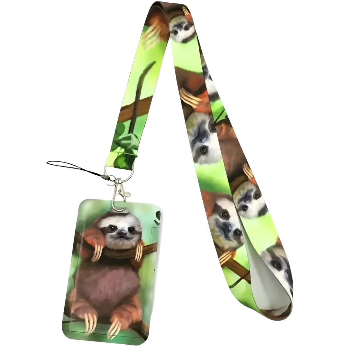 A vibrant green and brown sloth-themed book lover lanyard and rectangular id card holder with detailed sloth illustrations