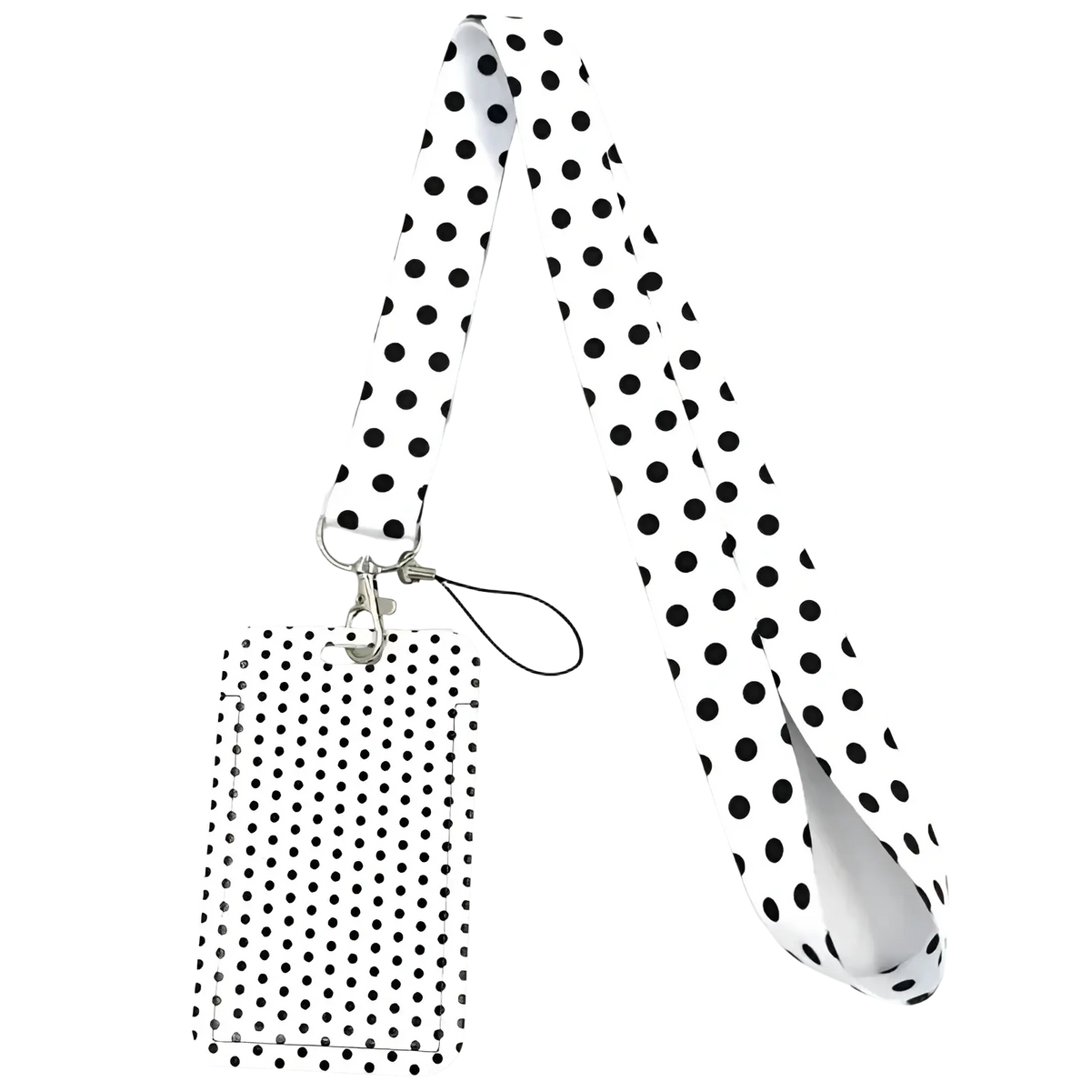 White fabric lanyard with black polka dots and matching id card holder from the Book Lover lanyard and id card holder set