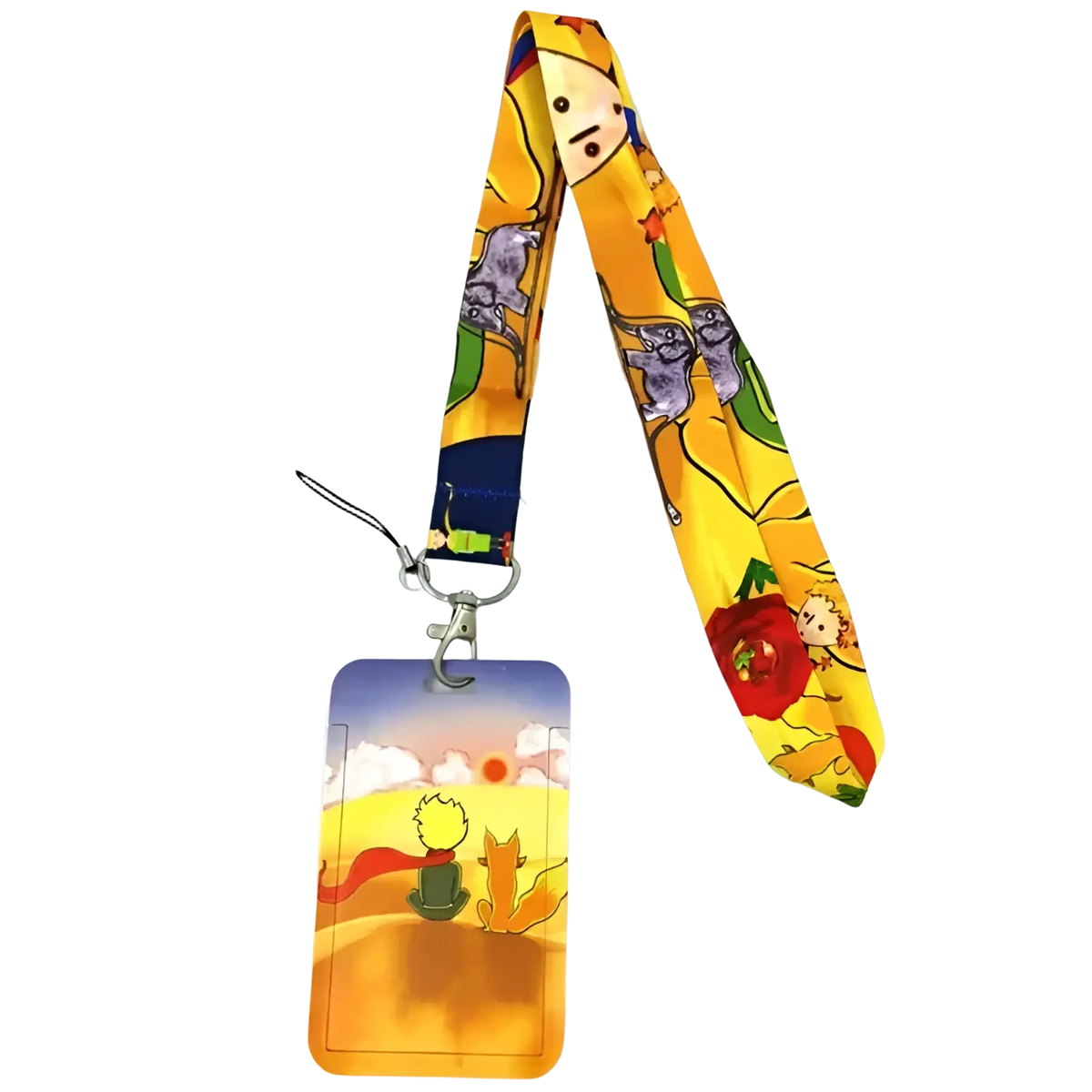 Yellow book lover lanyard with cartoon characters and a rectangular little prince id card holder set