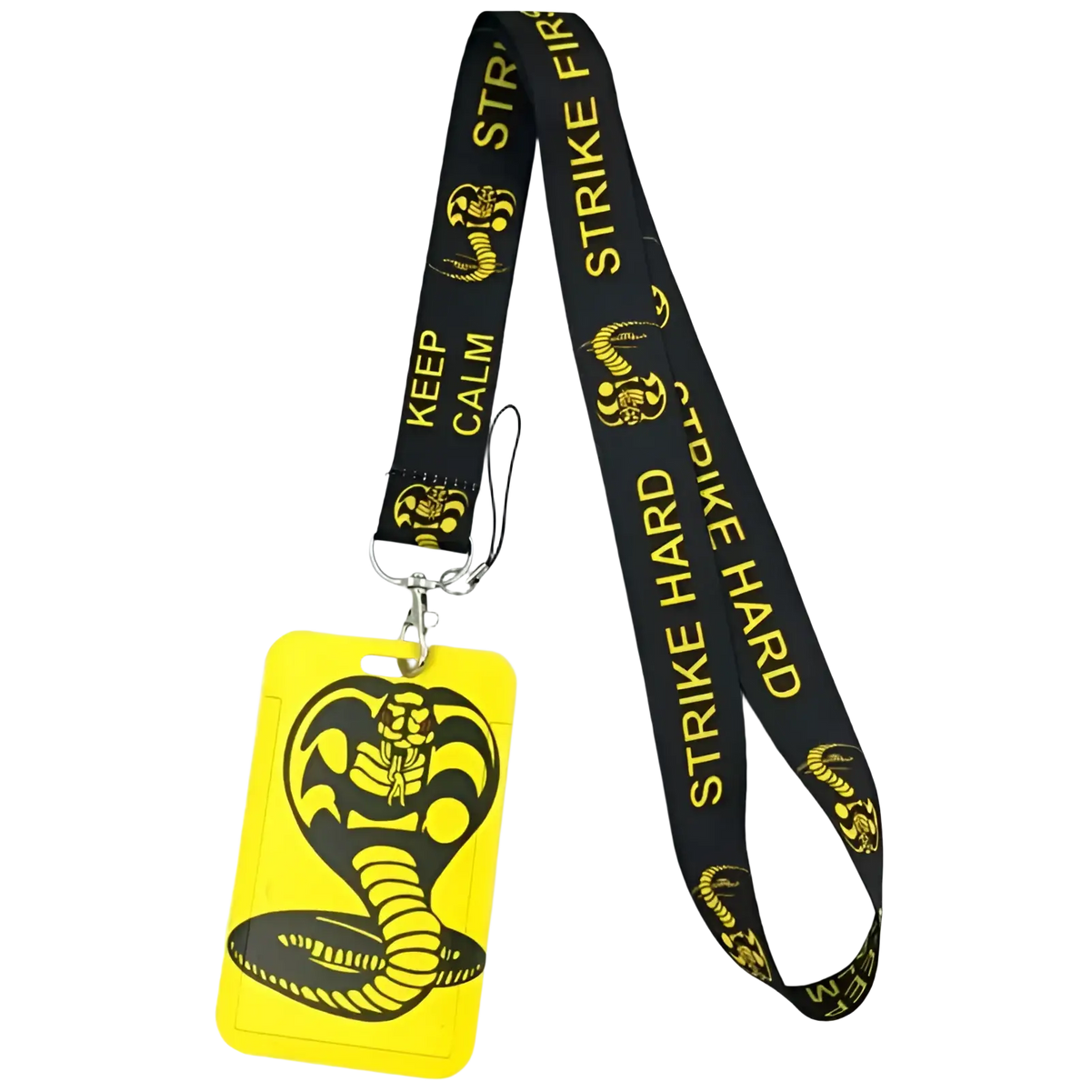 Yellow silicone id card holder with black cobra design attached to black lanyard with gold strike hard and keep calm text