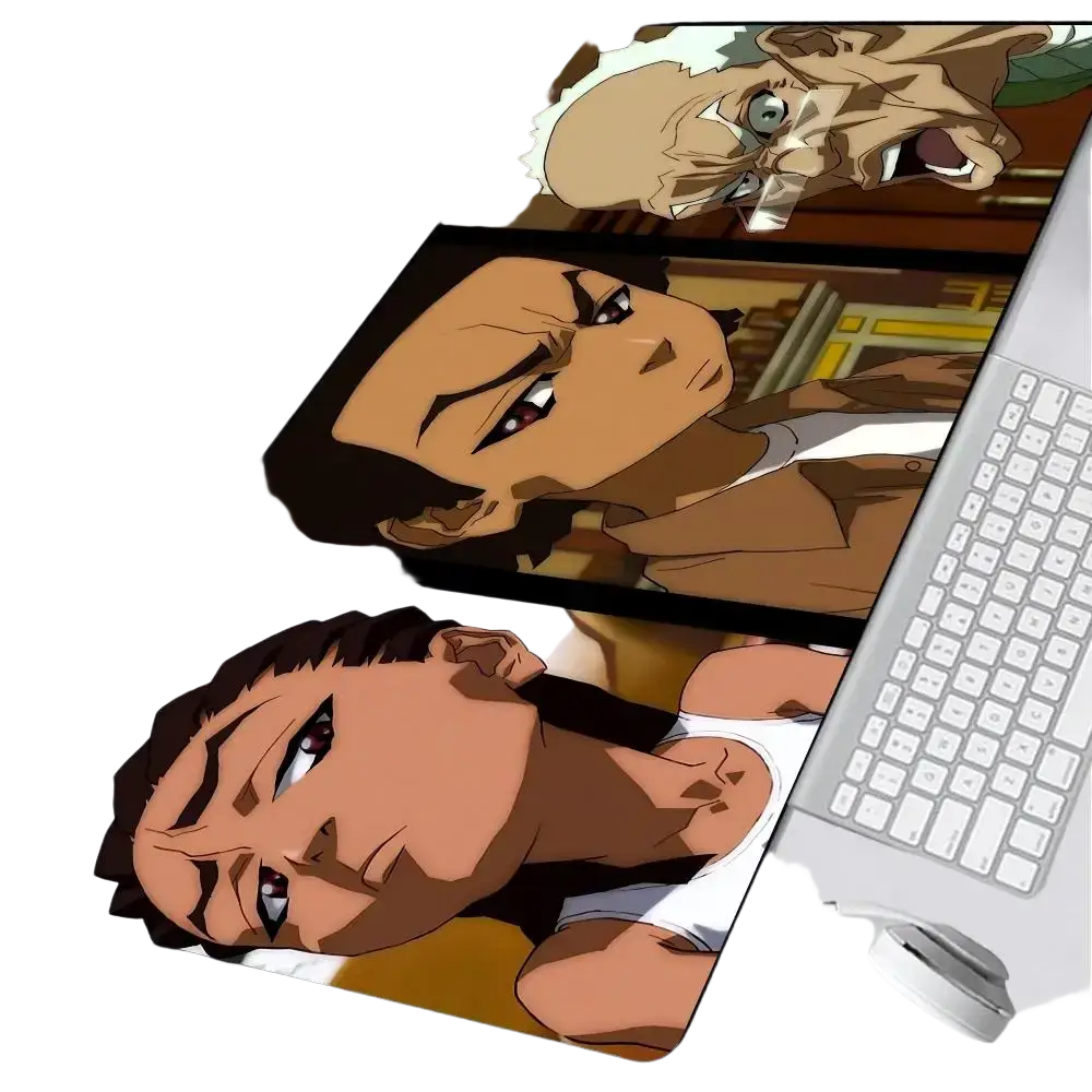 Anime-themed rectangular boondocks mouse pad with vibrant comic-style character portraits on smooth rubber surface