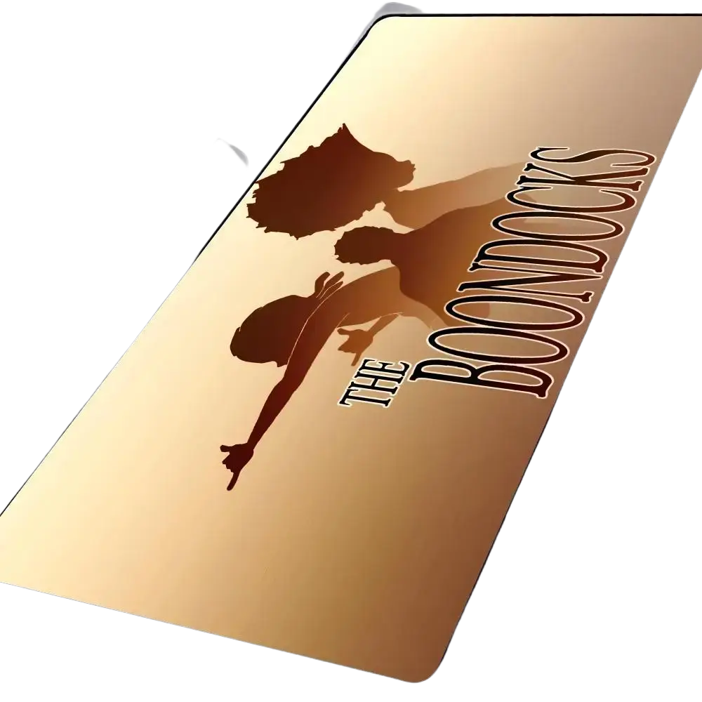 Golden gradient boondocks mouse pad rubber mat with character silhouettes and bold stylized show title for gaming use