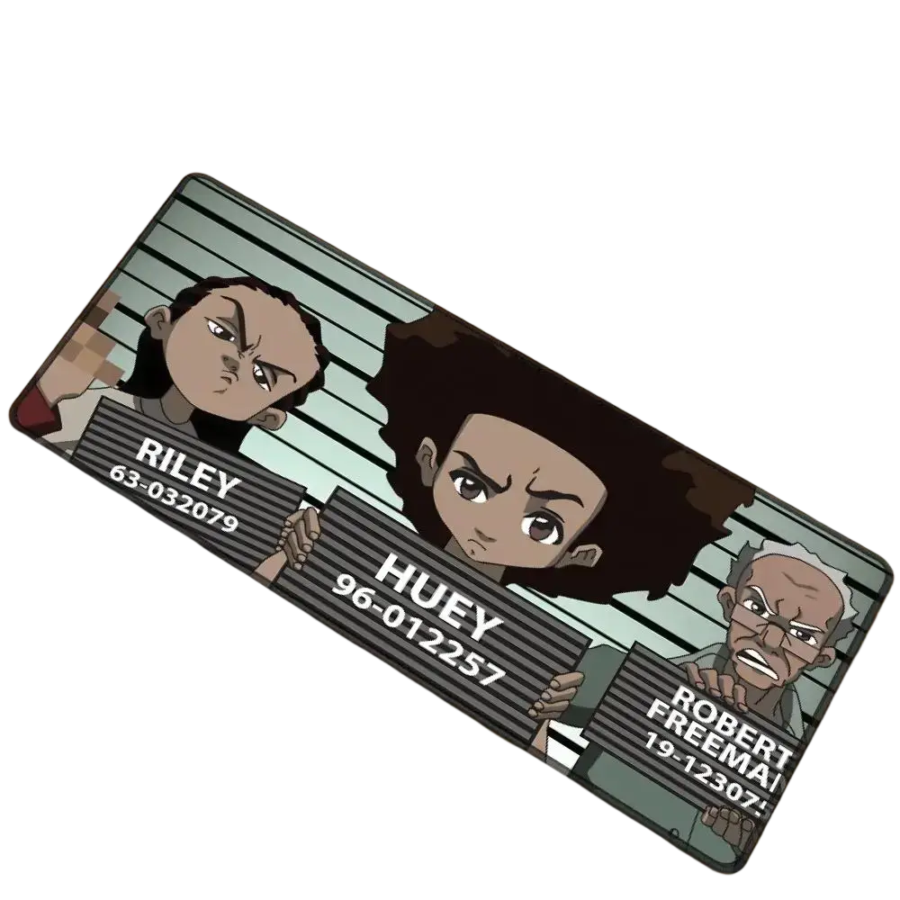 The Boondocks mouse pad rectangular gaming rubber mat with cartoon mugshot design and striped background