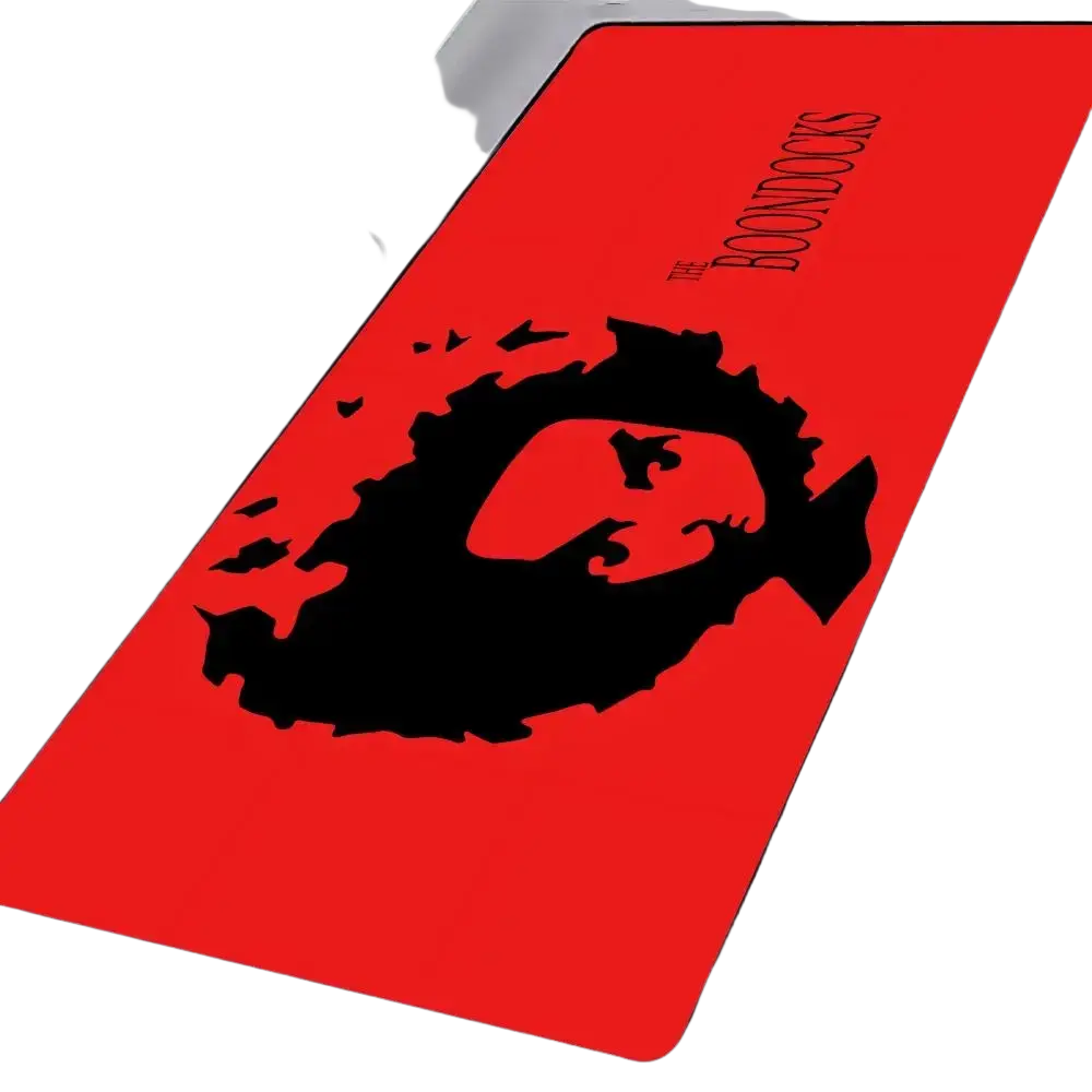 Red rectangular rubber gaming mouse pad featuring a black silhouette of the boondocks logo with black text