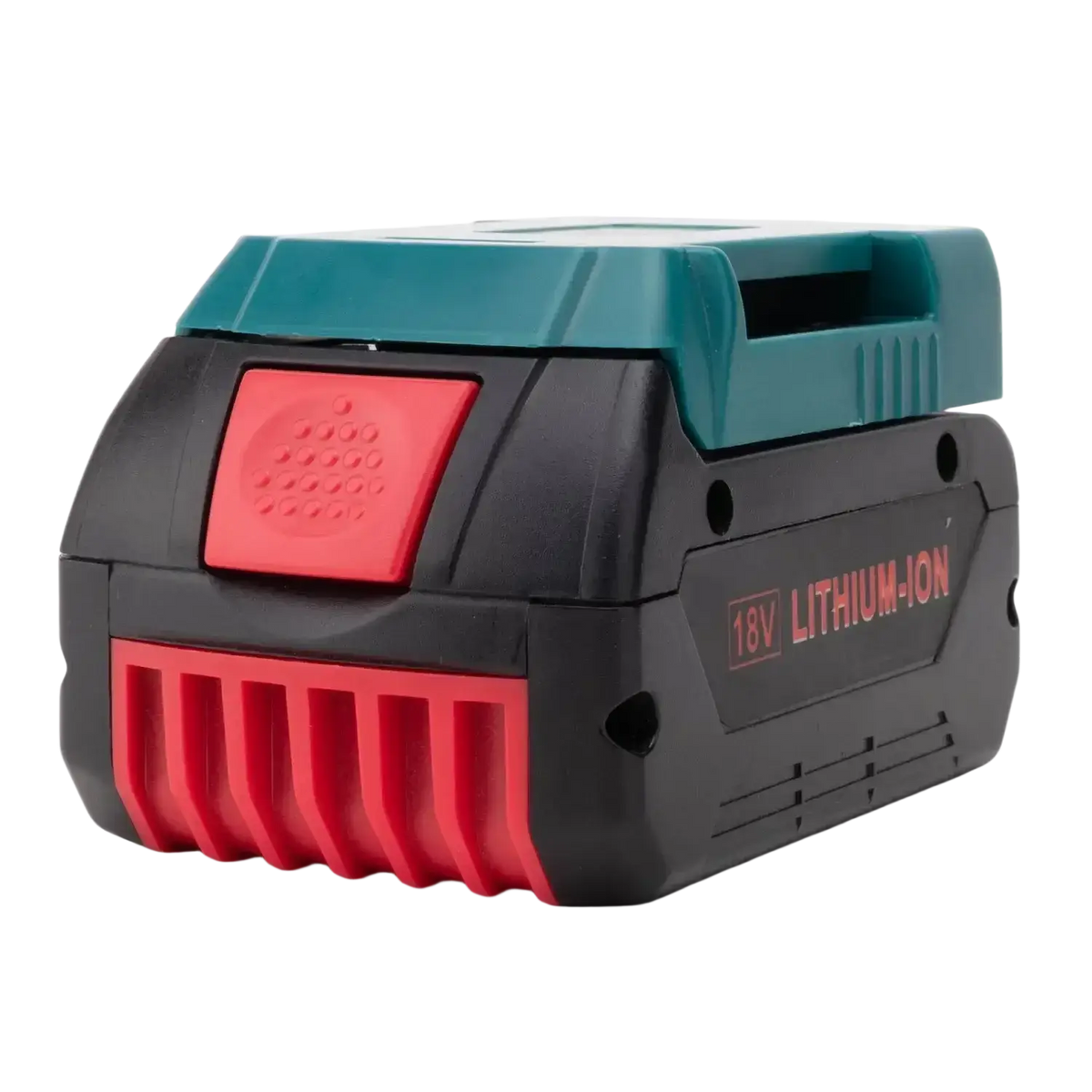 Bosch 20v lithium-ion battery power bank with teal and black casing red accents and textured grip handle for fast charging