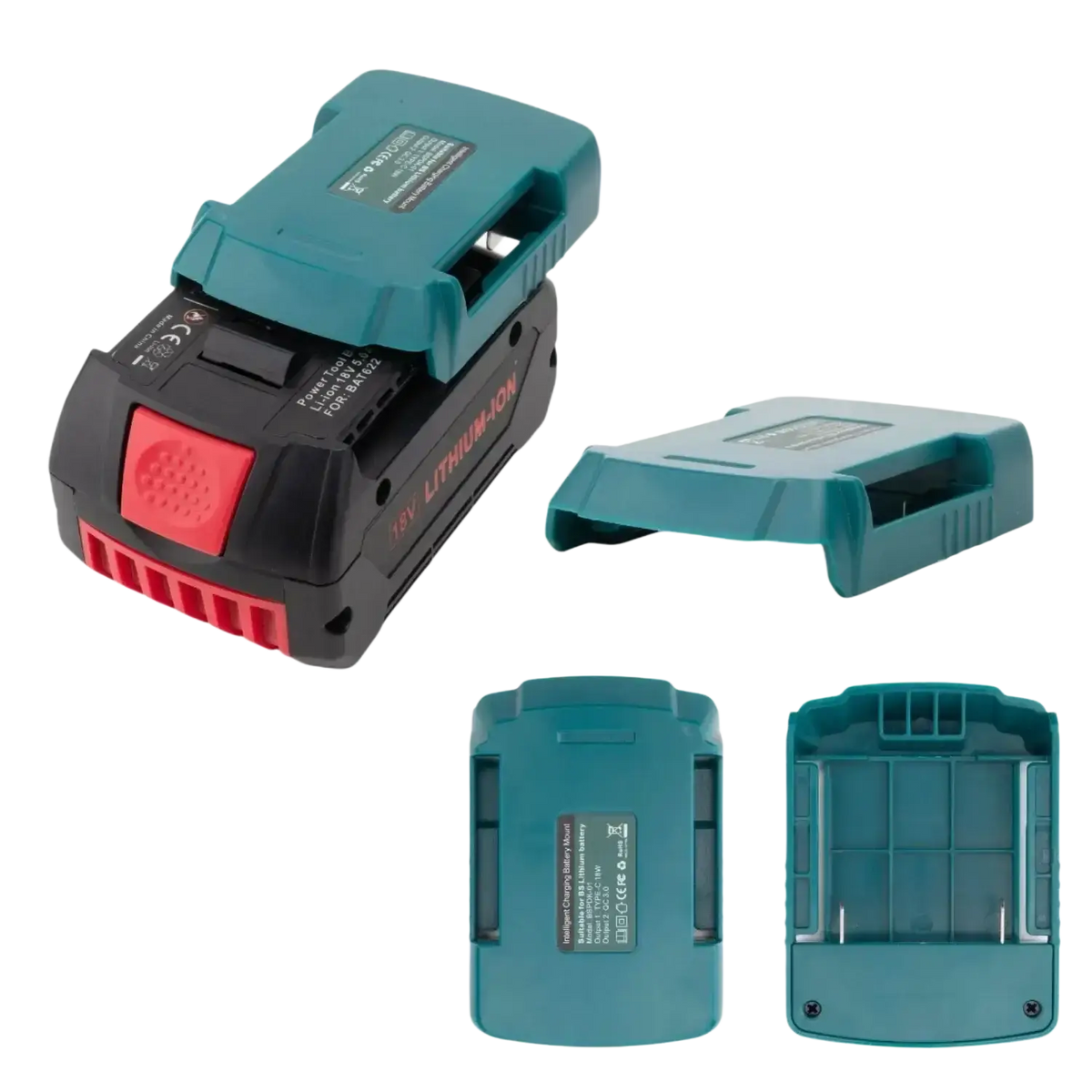 Teal and black bosch 20v battery power bank with red safety switch for fast charging lithium-ion power tool batteries