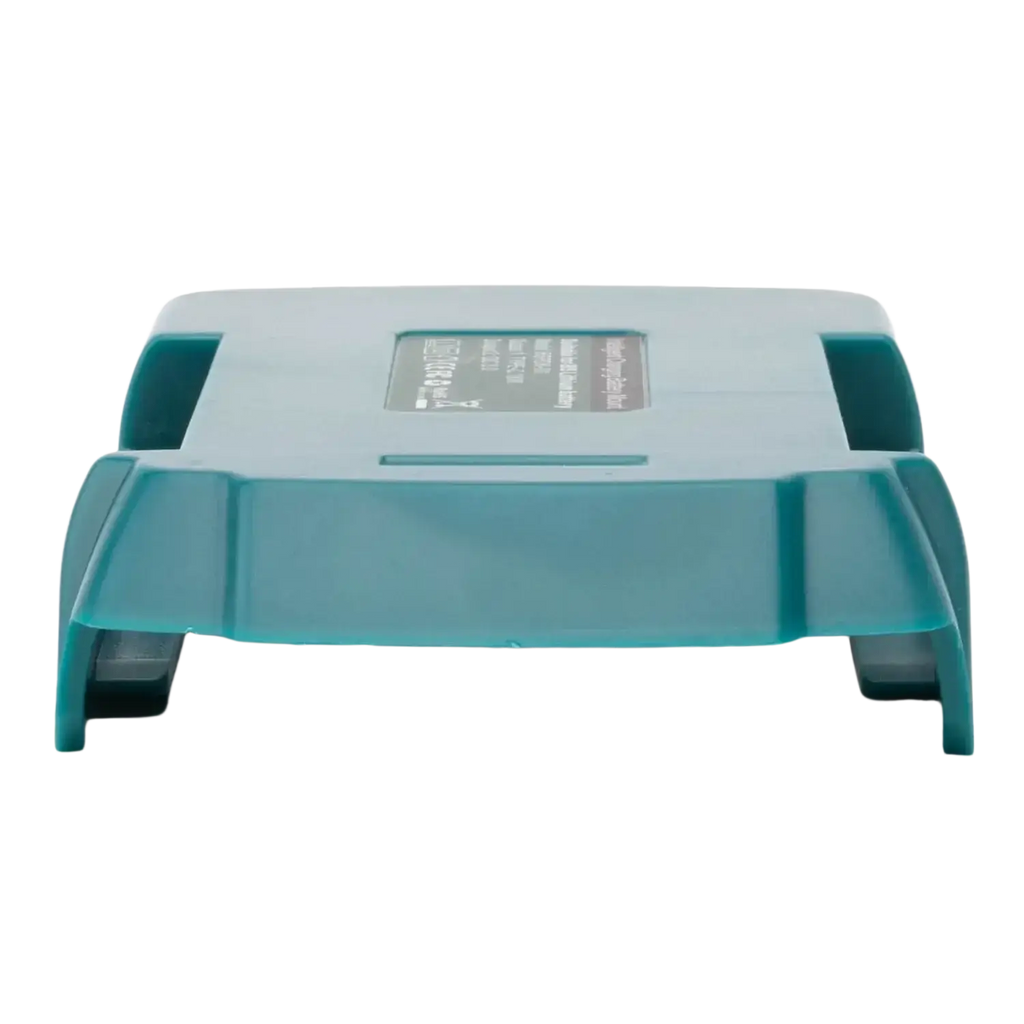 Teal plastic makita battery pack with rectangular label shown as part of bosch 20v battery power bank fast charger