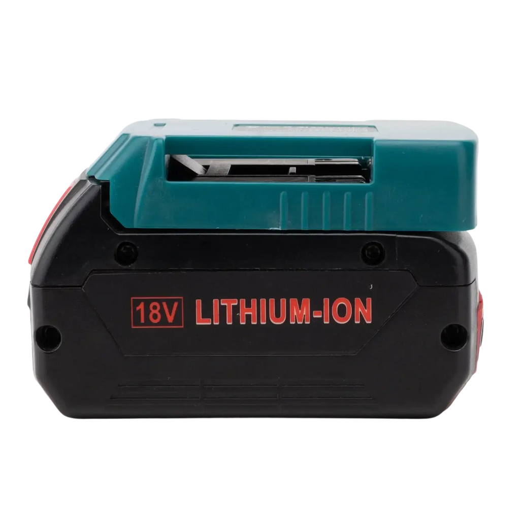 Black and teal bosch 20v lithium-ion battery power bank with red accents and rugged design for fast charging use