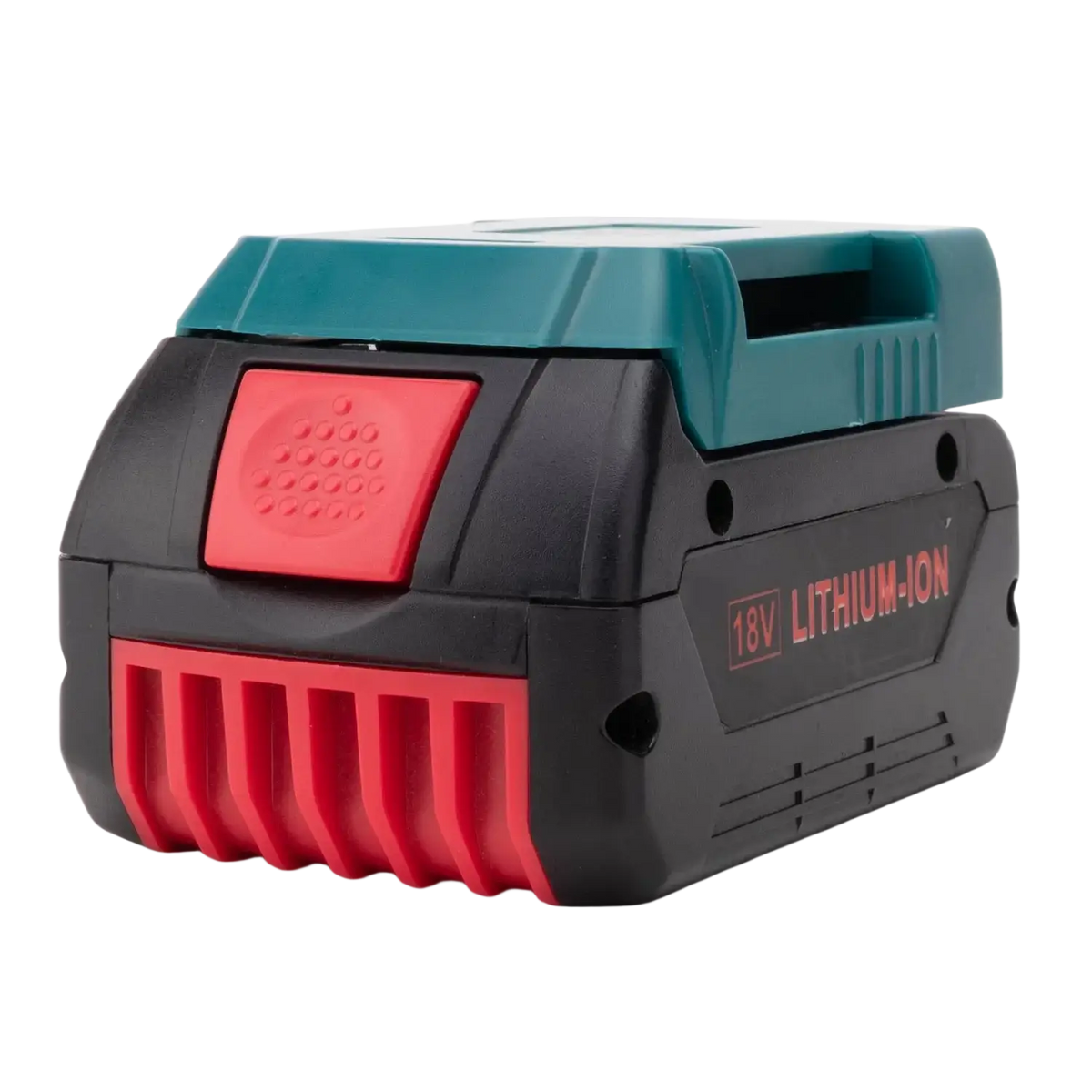 Black and teal Bosch 20v battery power bank with red accents featuring 18v lithium-ion fast charger design