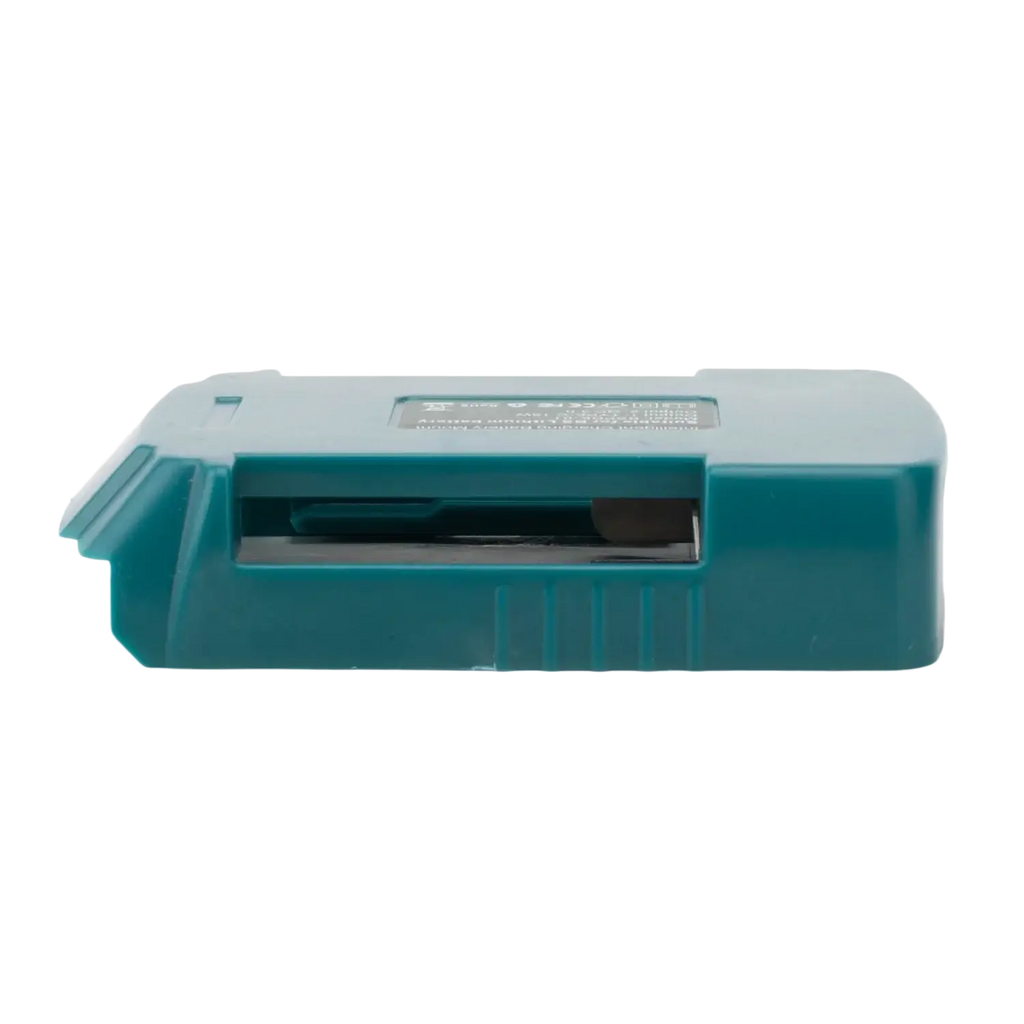 Teal plastic makita battery case with rectangular slot and molded ridges for bosch 20v battery power bank charger