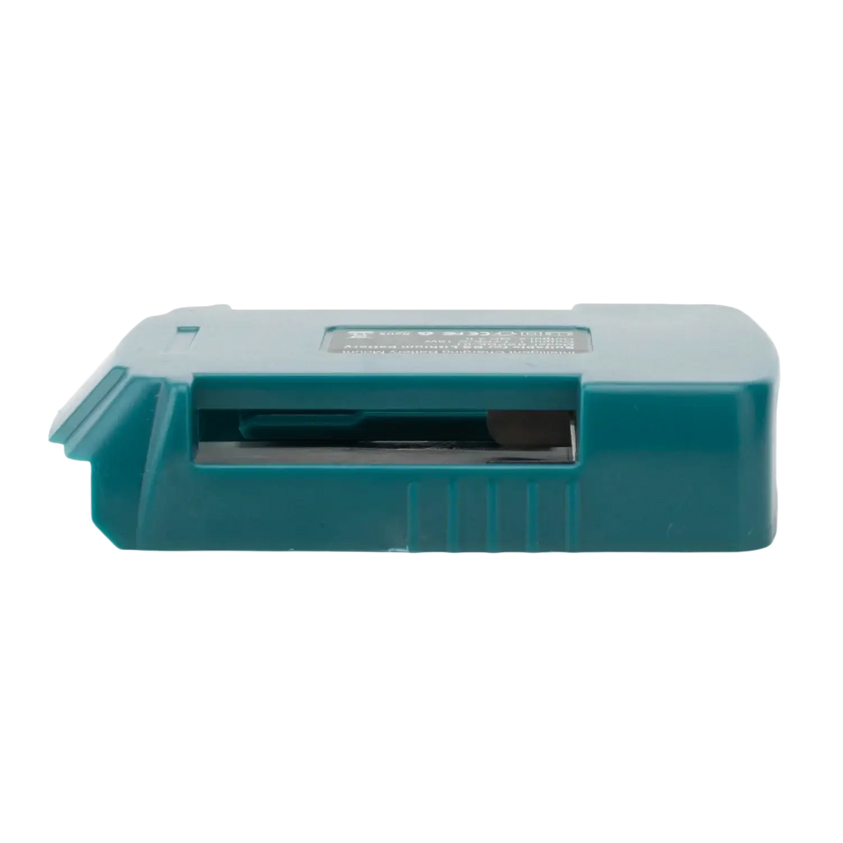 Teal plastic makita battery case with rectangular slot and molded ridges for bosch 20v battery power bank charger