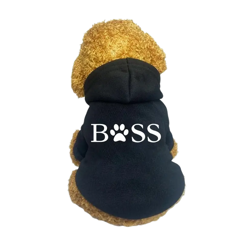 Black hooded fleece dog coat with fluffy tan trim and white boss lettering featuring a paw print on the back side
