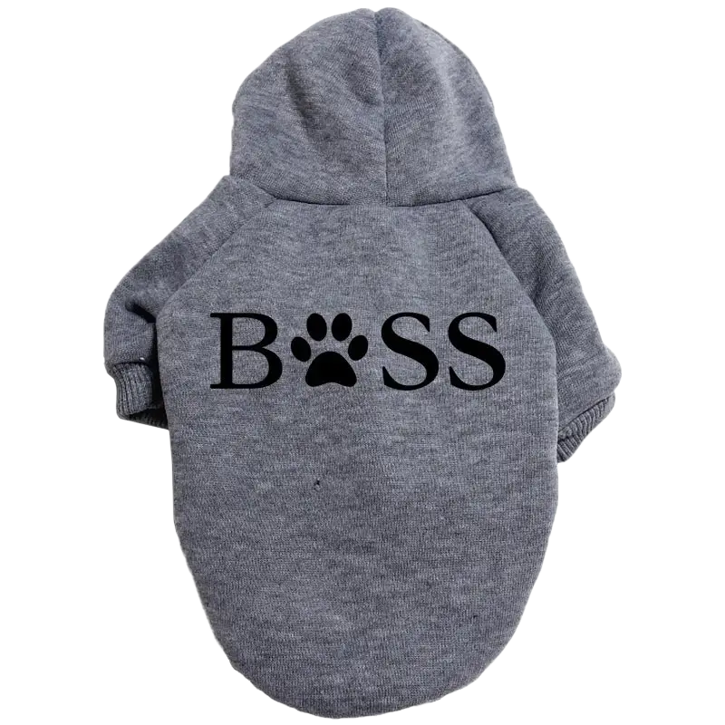 Gray hooded fleece pet sweatshirt with boss printed in black letters featuring a paw print replacing the o