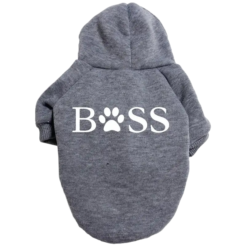 Gray hooded sweatshirt for pets with white boss lettering and paw print design made of warm fleece material