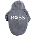 Gray hooded sweatshirt for pets with white boss lettering and paw print design made of warm fleece material