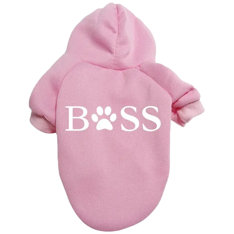 Pink hooded pet sweater with warm fleece material featuring white boss lettering and a paw print replacing the o