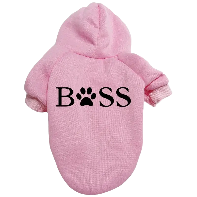 Pink hooded fleece pet sweatshirt with boss printed in black and paw print replacing the o for warmth and style