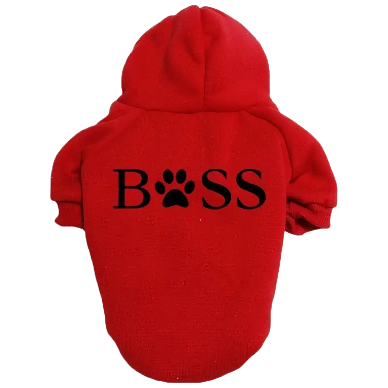 Red hooded pet sweatshirt with black boss lettering and paw print design made of warm fleece for dogs