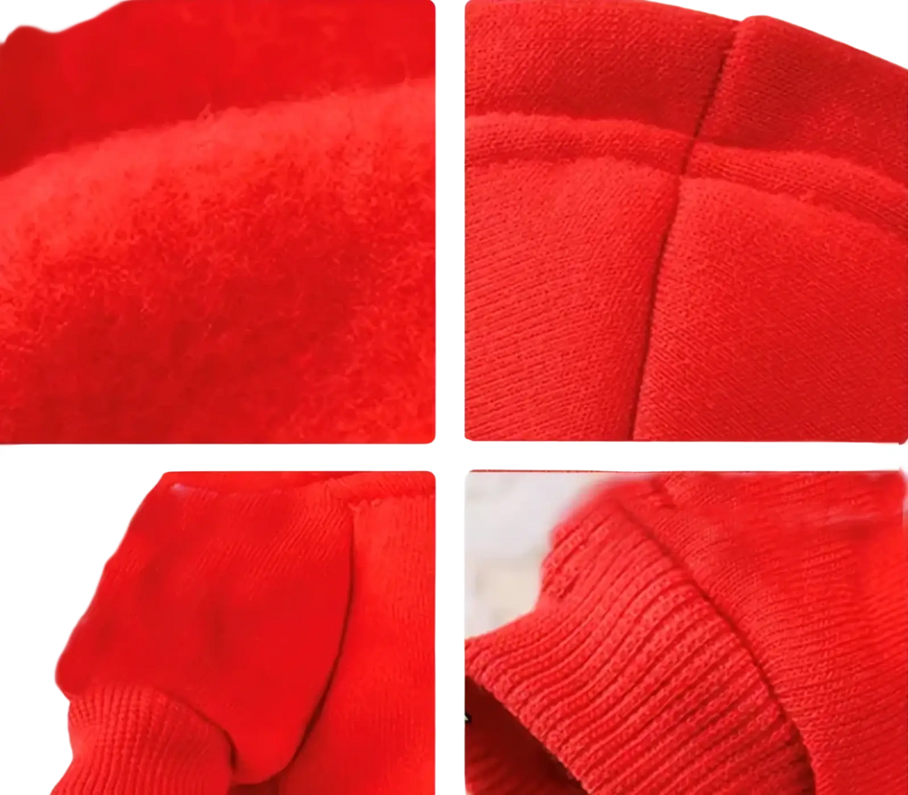 Boss dog hoodie warm fleece pet coat in red fleece-lined knit with ribbed cuffs and seams for added warmth