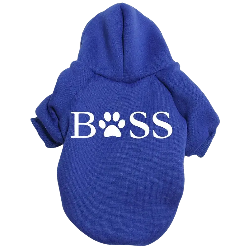 Royal blue warm fleece boss dog hoodie with white lettering and a paw print replacing the o on the back side