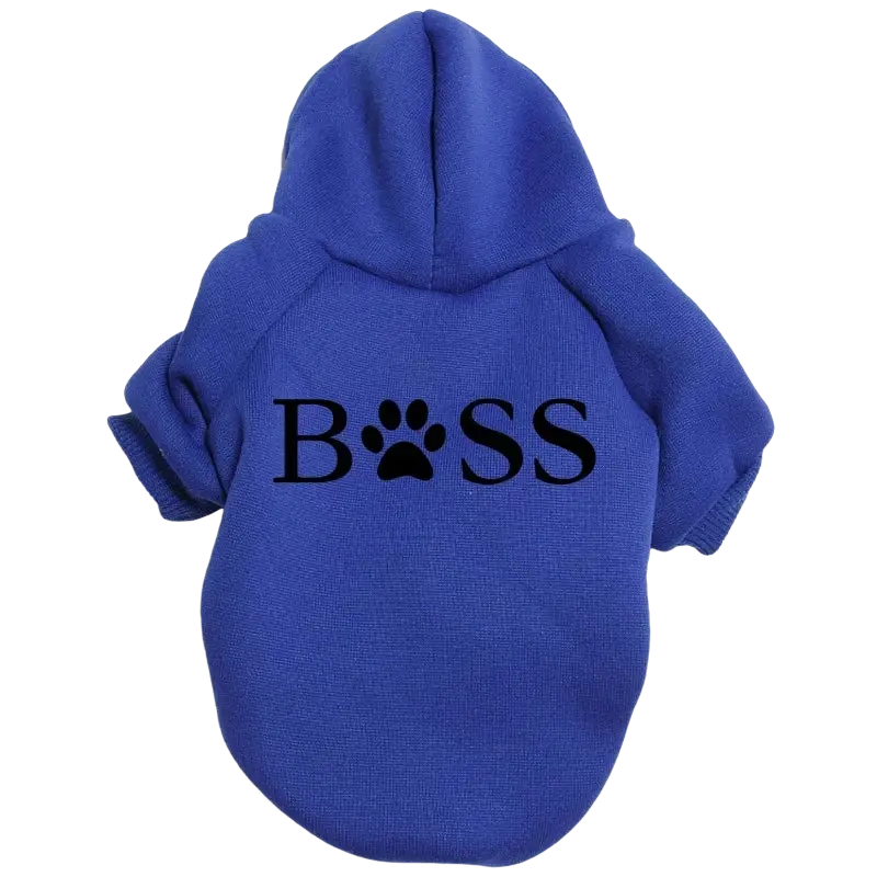 Royal blue fleece boss dog hoodie for pets with bold black graphic and paw print design on front