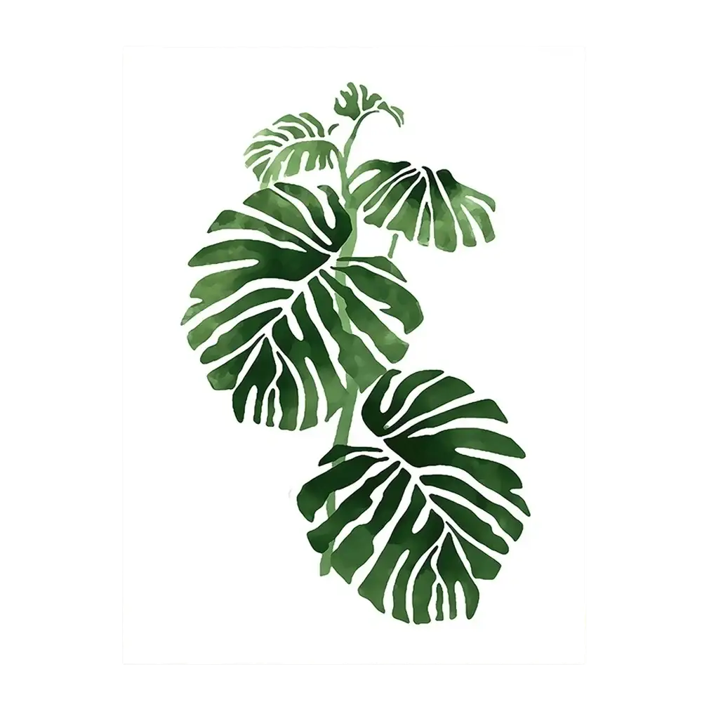 Green watercolor painting of monstera leaves on white canvas botanical canvas prints green leaves wall art
